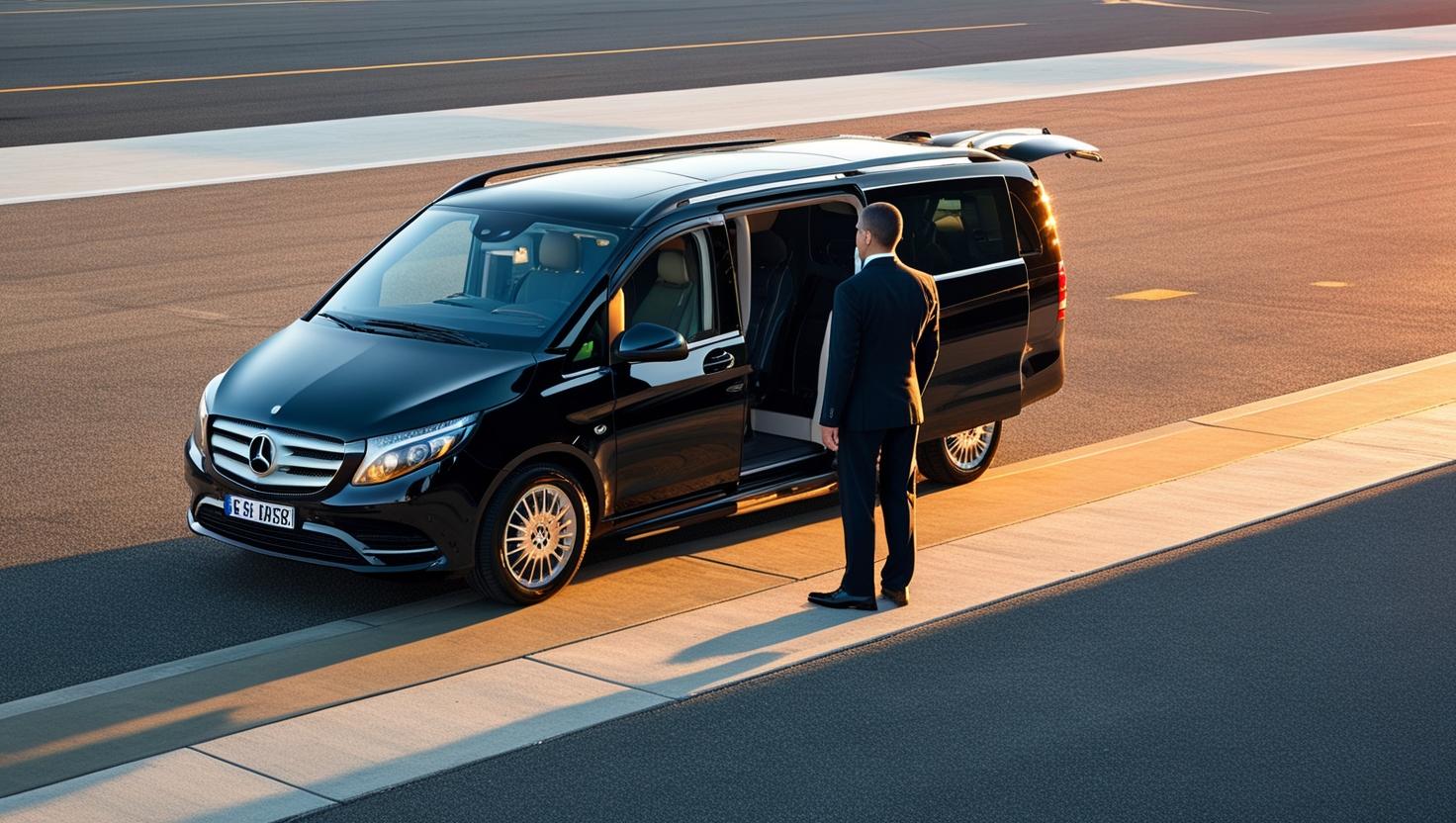 Black Mercedes minivan Airport pick up chauffeur luxury hire _20250207_232839_0000